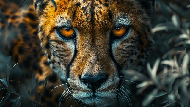 A cheetah with a yellow eye staring at the camera. The image has a mood of curiosity and intrigue