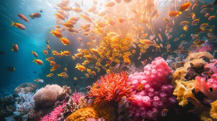 Fototapeta na wymiar A colorful coral reef with a variety of fish swimming around. The fish are of different sizes and colors, creating a vibrant and lively scene. The coral reef is teeming with life