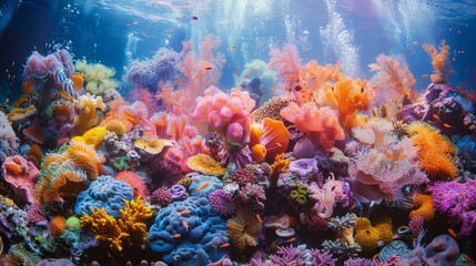 Naklejka na ściany i meble A colorful coral reef with many different types of fish and plants. The colors are bright and vibrant, creating a lively and energetic atmosphere