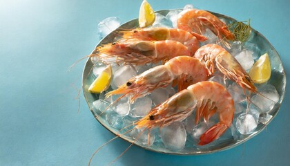 closeup of fresh sea food of shrimps and prawns on ice isolated on bright blue background banner