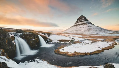 Acrylic prints Kirkjufell kirkjufell mountains in winter fantastic winter scenery wonderful view on kirkjufell mountain with northern light iceland incredible nature landscape of iceland famous travel destination