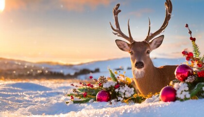 christmas deer in the snow with decorations flowers and baubles copy space