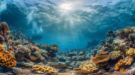 A beautiful underwater scene with a variety of colorful fish swimming around. The sun is shining brightly, creating a warm and inviting atmosphere. The fish are scattered throughout the scene