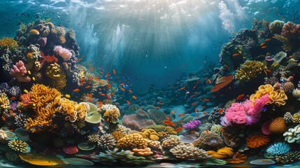 A colorful coral reef with many fish swimming around. The bright colors of the fish and the coral create a lively and vibrant scene - obrazy, fototapety, plakaty