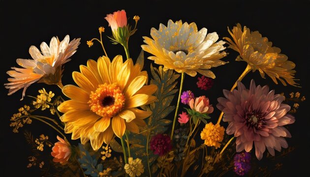 colorful flowers painting on black background