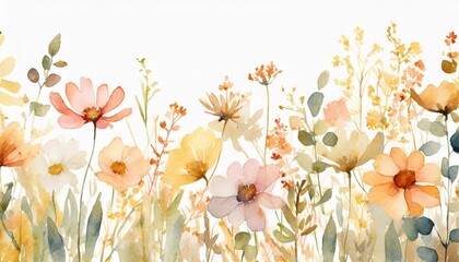 summer meadow cute watercolor flowers horizontal border isolated on white background illustration for card border banner or your other design autumn