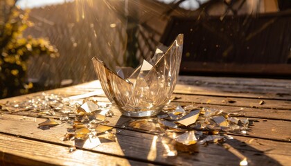 a shattered glass vase is displayed on top of a wooden table its pieces scattered around the vase appears to have been broken from a height with shards reflecting light