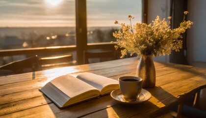 a table with a book cup of coffee and a vase of flowers on top of a wooden table