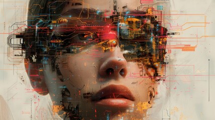 A woman's face is distorted and pixelated, giving the impression of a futuristic or computer-generated image. The colors are bright and bold, creating a sense of energy and excitement