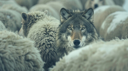 Naklejka premium Close-up of a wolf among a flock of sheep. A wolf in sheep's clothing.