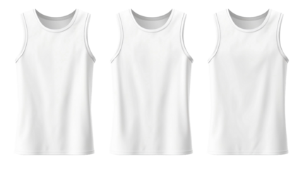 Set of white front, back and side view sleeveless tee t shirt tank singlet round neck on transparent background. Mockup template for artwork