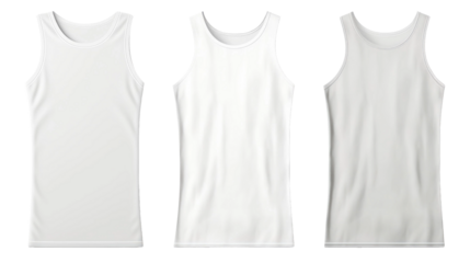 Set of white front, back and side view sleeveless tee t shirt tank singlet round neck on transparent background. Mockup template for artwork