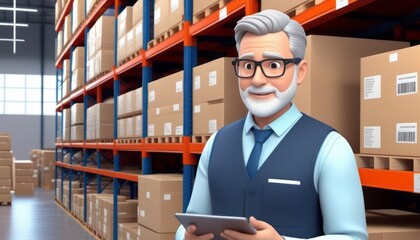 Man in Warehouse Holding Tablet