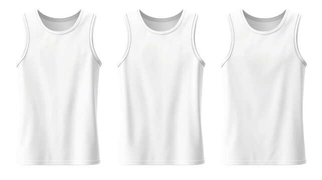 Set of white front, back and side view sleeveless tee t shirt tank singlet round neck on transparent background. Mockup template for artwork