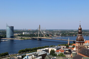 Fototapeta premium 25 07 2023 Riga Latvia. Riga, the capital of Latvia, is located on the banks of the Daugava River at its confluence with the Gulf of Riga.