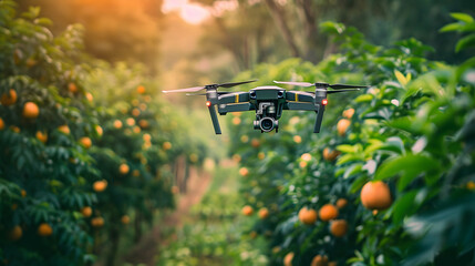 Drone hovering above sunlit orange field with fruitladen branches - Powered by Adobe