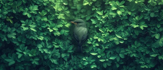a small bird sitting on top of a lush green leaf covered tree covered in lots of green leaves on a sunny day. - obrazy, fototapety, plakaty