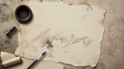 Artistic tools with inkpot and brush on a canvas, ready for creativity.