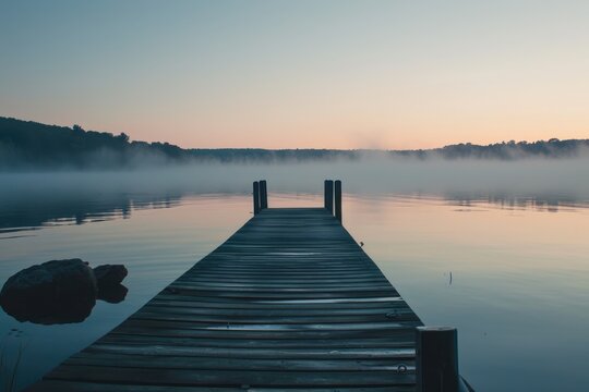 Dawn Senary, A serene lakeside dock at dawn, lit by the soft hues of sunrise, AI generated