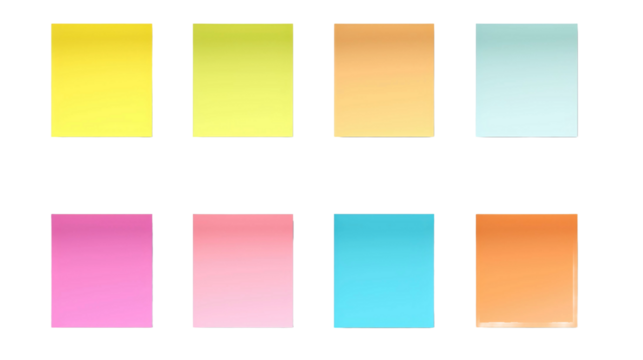 Shaded sticky post-it note paper with shadow . Many assorted different colours isolated on transparent background