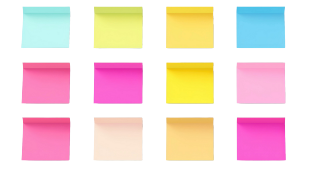 Shaded sticky post-it note paper with shadow . Many assorted different colours isolated on transparent background