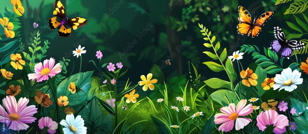 Poster A stunning painting depicting butterflies fluttering over a meadow of vibrant flowers and lush green grass, capturing the beauty of nature