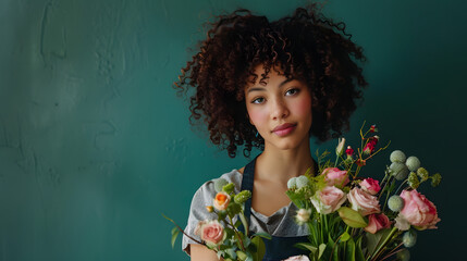 A female florist with curly hair and an apron stands against a green background