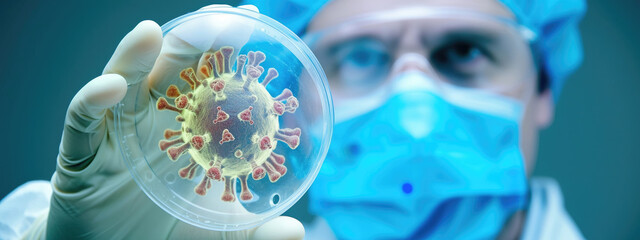 a virologist holds a petri dish with a virus - obrazy, fototapety, plakaty
