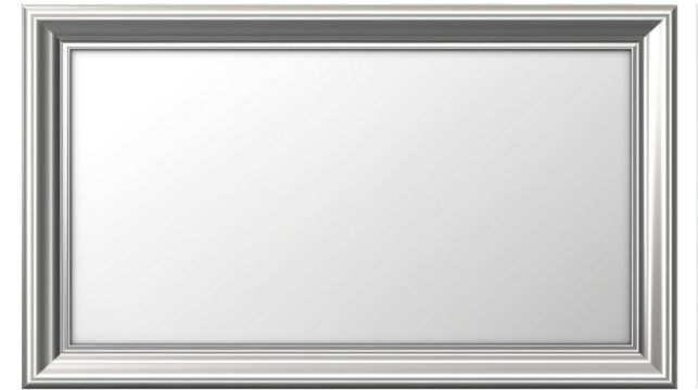 Silver chrome metal blank empty photo frame on transparent background cutout with shaded shadow. Mockup template for artwork 