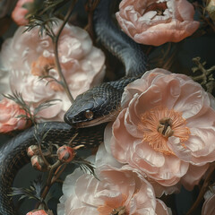 Black snakes in flowers, Aesthetic mytery photography