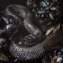 Black snakes in flowers, Aesthetic mytery photography