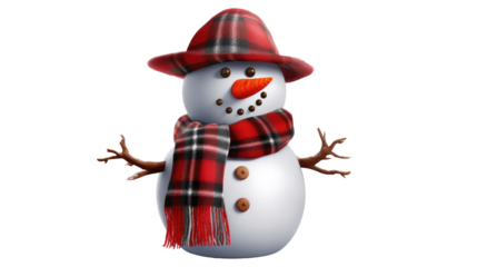 Snowman with hat and scarf on transparent background
