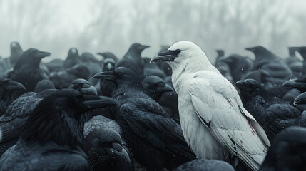 A white crow stands against the background of a flock of black crows. She stands out from the black mass. Individuality concept.