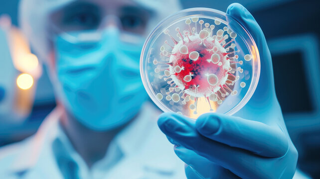a virologist holds a petri dish with a virus