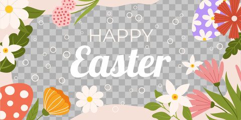 Easter horizontal background template. Design for celebration spring holiday with transparent frame for photo, painted eggs and flowers around