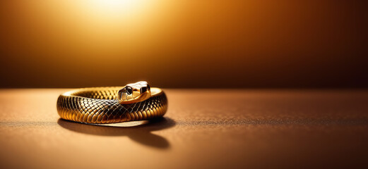 Jewelry ring in the shape of a snake on a golden background