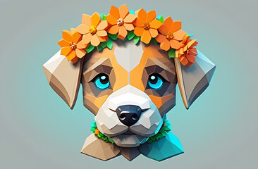 Illustration in polygonal style of a puppy with a flower wreath on his head