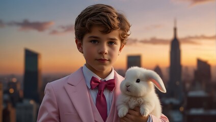 A dapper boy in a pink suit, holding a fluffy bunny with a mischievous glint in his eye, against a backdrop of a city skyline at sunset. 