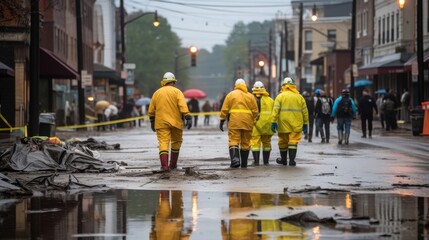 Emergency workers assess flood damage on city street amid overcast skies
