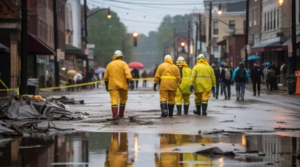 Foto op Canvas Emergency workers assess flood damage on city street amid overcast skies © JH45