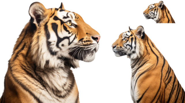 Tiger, many angles and view portrait side back head shot isolated on transparent background