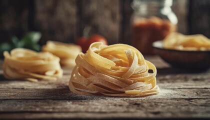 fettuccine pasta on a wooden background