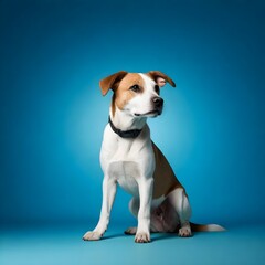 Advertising photo of a Jack Russell terrier sitting on a blue background, a full body shot with studio lighting, viewed from the side.