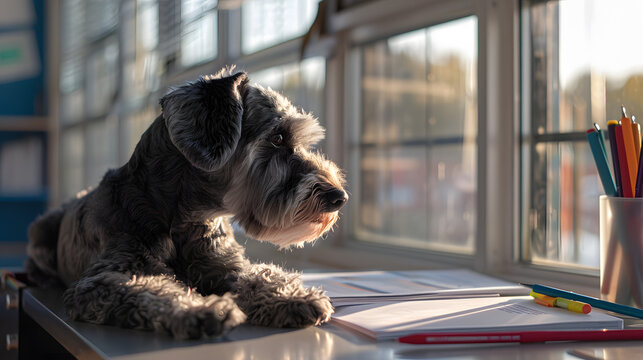 A grey schnoodle is positioned at a desk in a high school