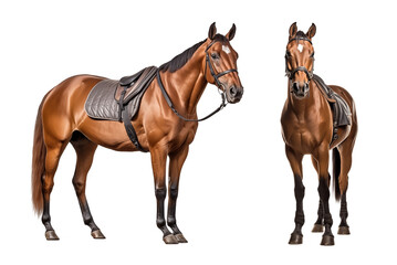Two thoroughbred racehorse with saddle on isolated background
