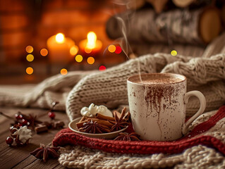 A cup of coffee with a sprinkle of chocolate powder served in a comfortable atmosphere and illuminated by the dull light of candles.