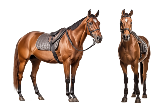 Two thoroughbred racehorse with saddle on isolated background