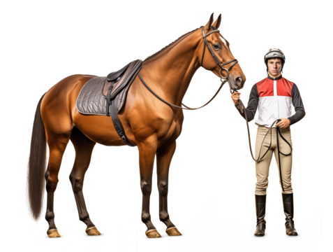 Thoroughbred racehorse its jockey standing on isolated background