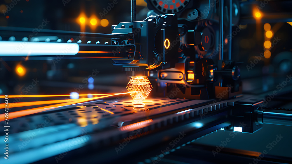 Aufkleber a high-tech 3d printer with radiant indicators and design patterns radiating from its nozzle