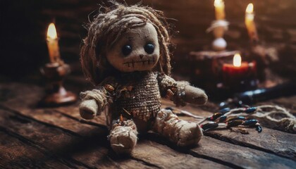 Voodoo doll on wooden background